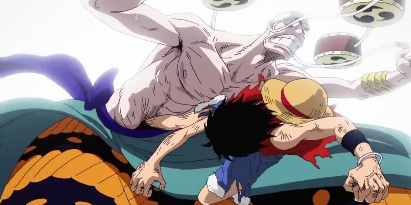 Luffy kicks Enel in Skypiea in one piece