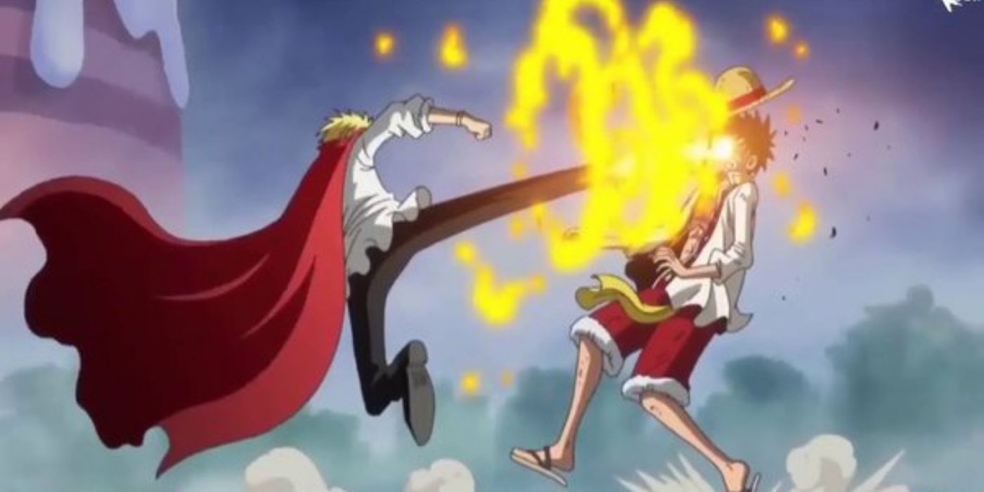 Sanji kicking Luffy in whole cake island in one piece