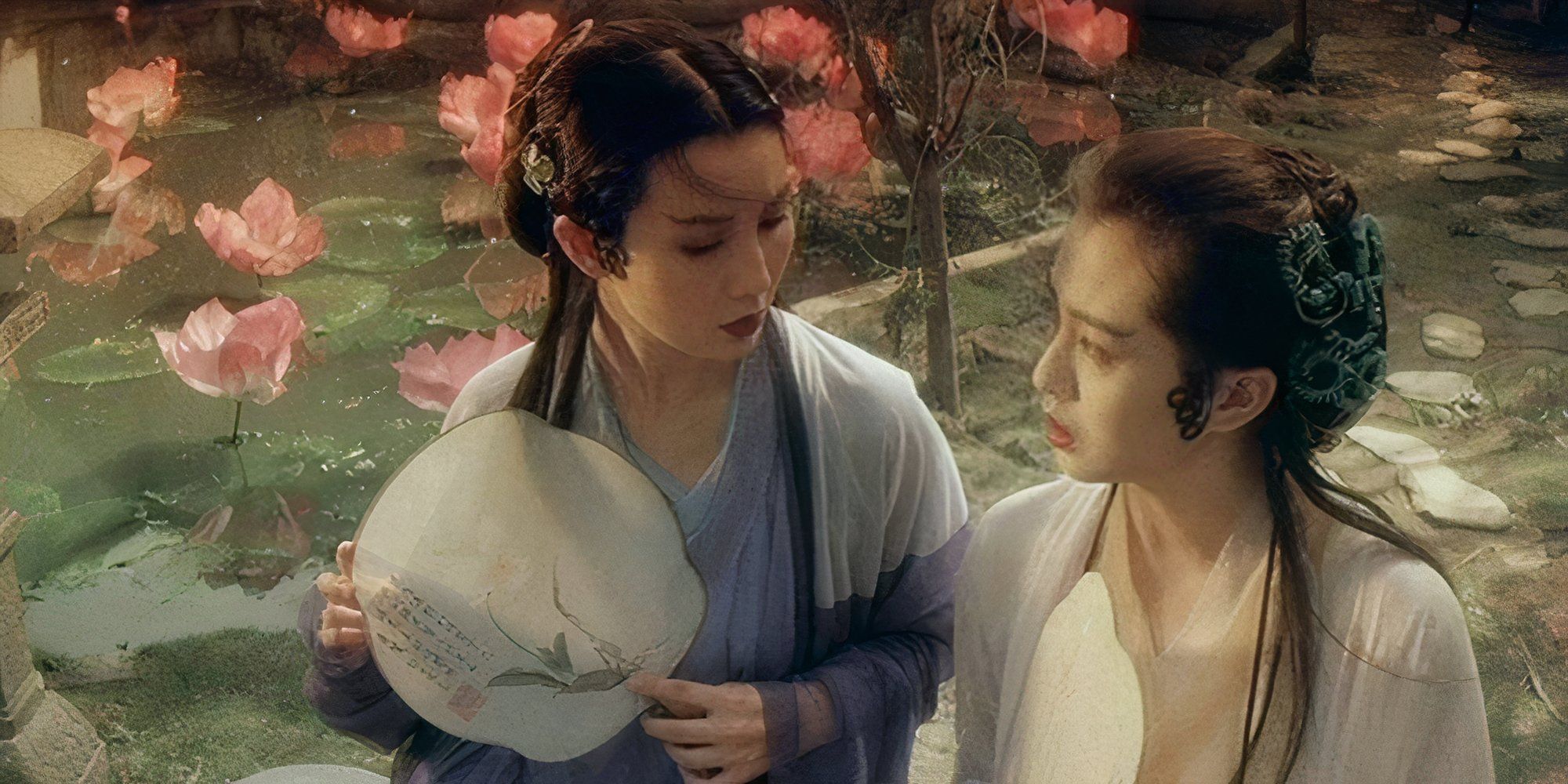Maggie Cheung and Joey Wang in Green Snake looking at each other.