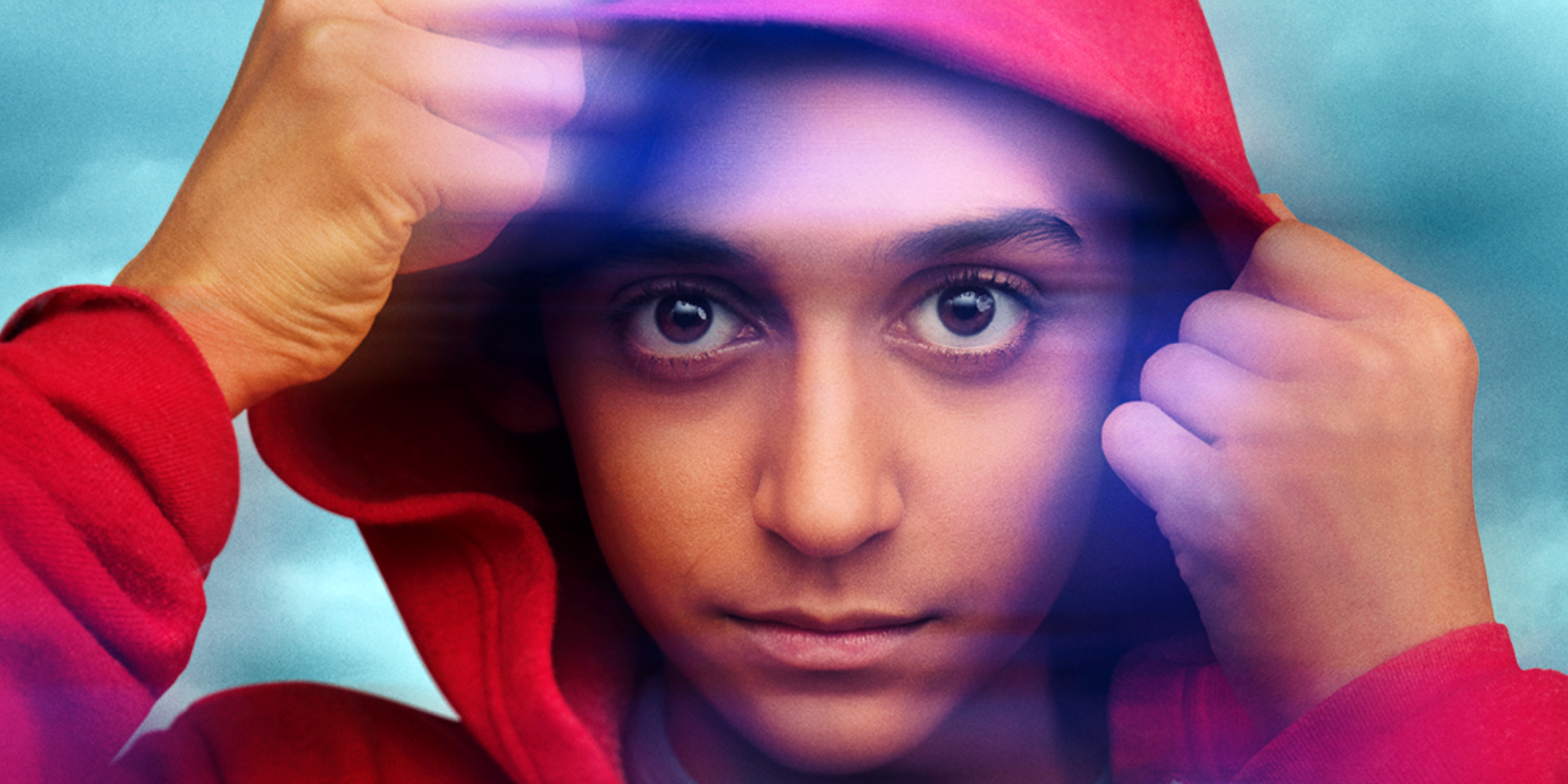 Lucian River-Chauhan as Ben in his red hoodie in the poster artwork for the Apple TV+ series Me