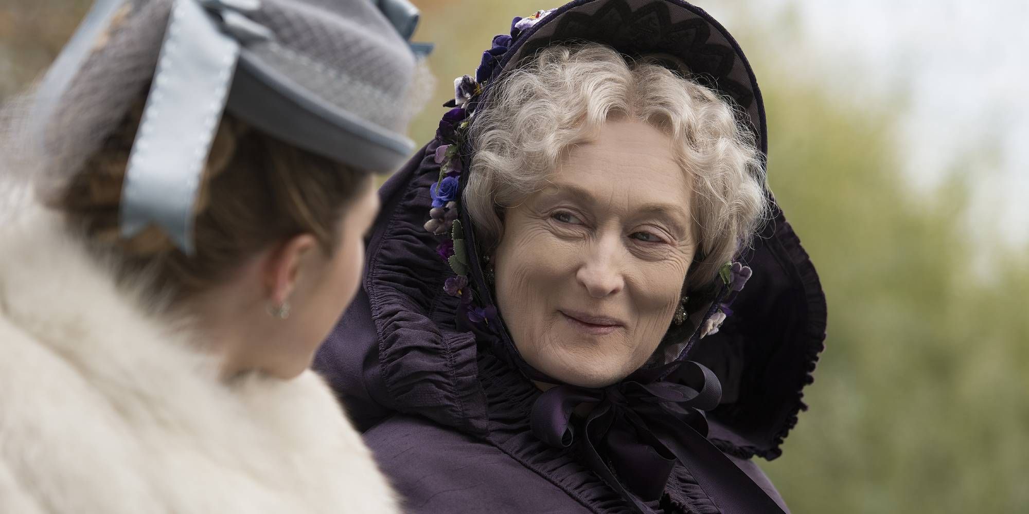 Meryl Streep as Aunt March in Little Women looking at Florence Pugh's Amy.