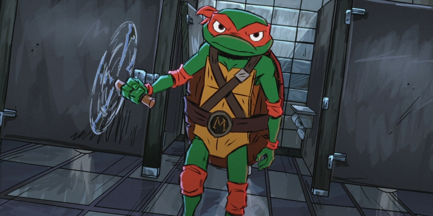 Mikey swinging nunchuck in bathroom in Tales of the Teenage Mutant Ninja Turtles