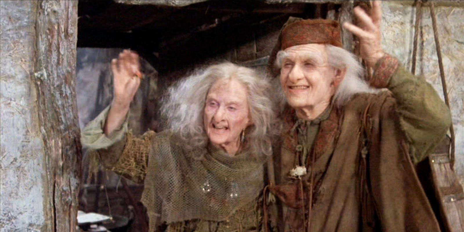 Miracle Max and Valerie smiling and waving goodbye in The Princess Bride