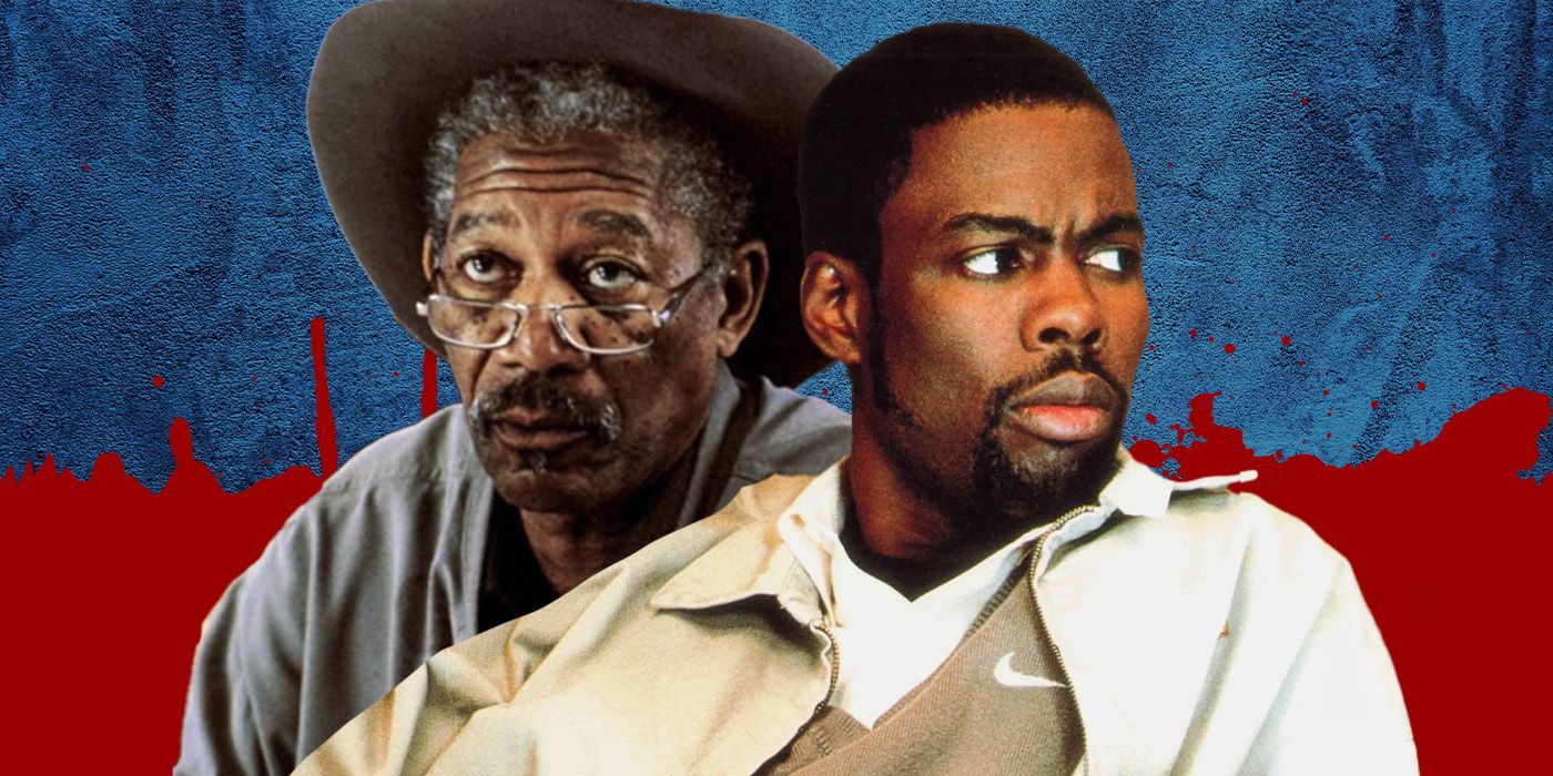 Morgan Freeman as Charlie and Chris Rock as Wesley in Nurse Betty against a blue and red background