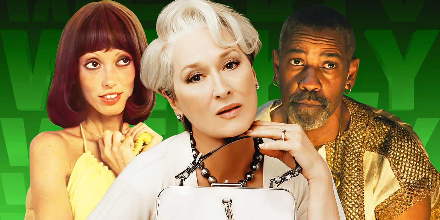 Shelley DuVall, Meryl Streep as Miranda Priestly, and Denzel Washington in Gladiator 2 in front of a green background.