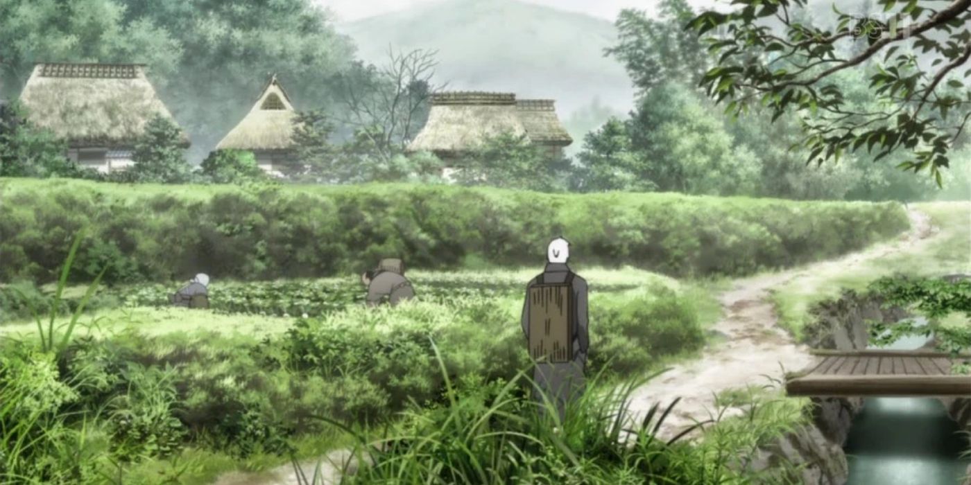 Ginko entrando na vila japonesa em Mushishi