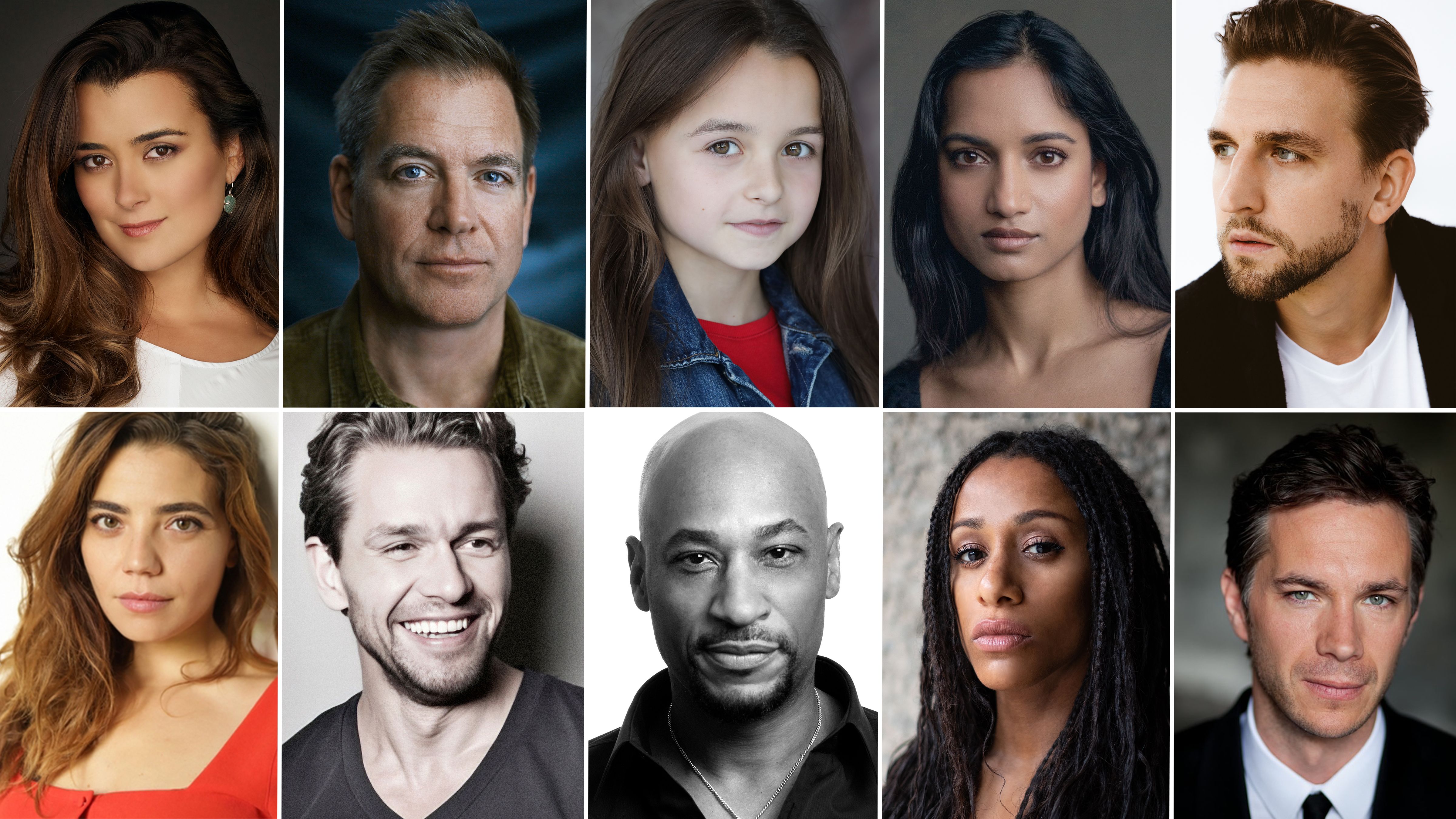 l-r top row: Cote de Pablo, Michael Weatherly, Isla Gie, Amita Suman, Maximilian Osinski l-r bottom row: Nassima Benchicou, Julian Ovenden, Terence Maynard, Lara Rossi and James D’Arcy