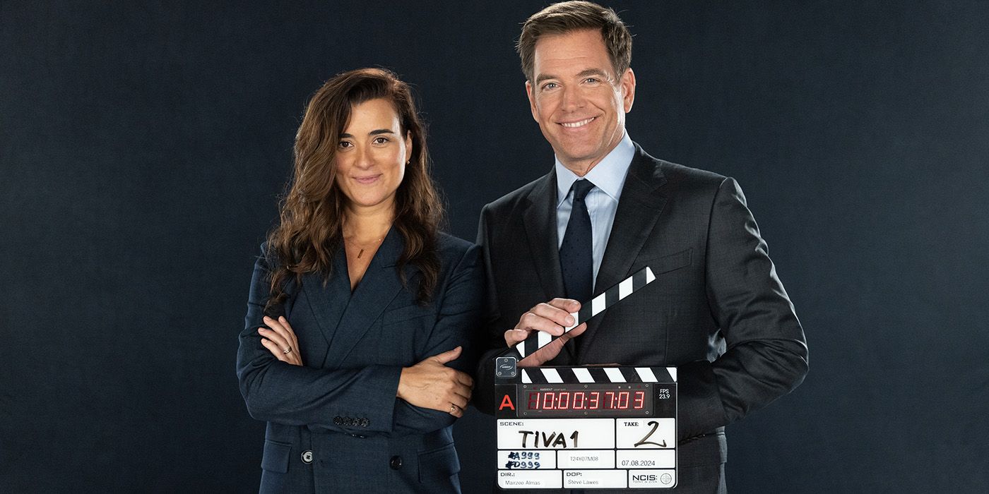 Cote de Pablo next to Michael Weatherly holding a clapper for NCIS: Tony & Ziva