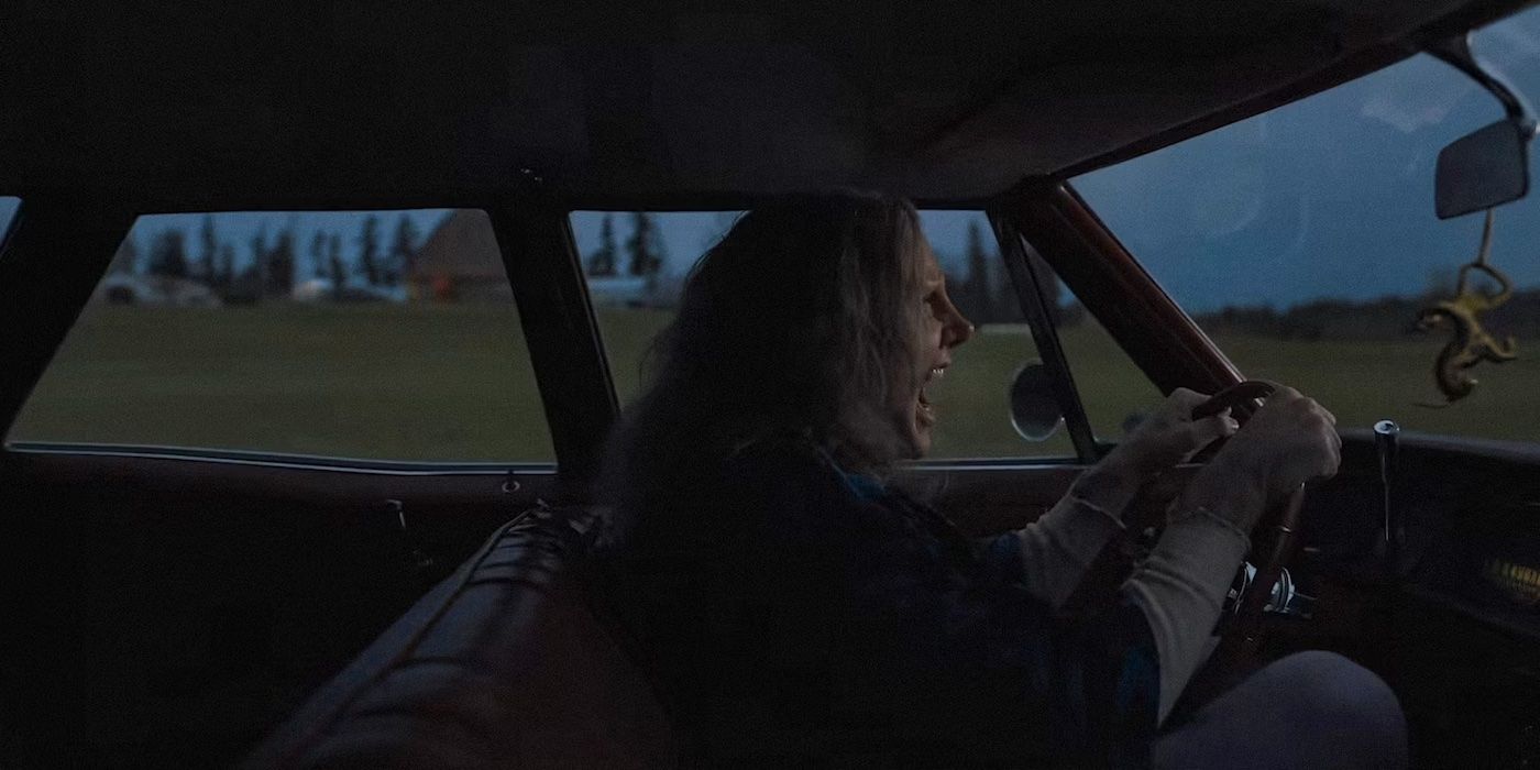 Nicolas Cage driving and screaming in Longlegs