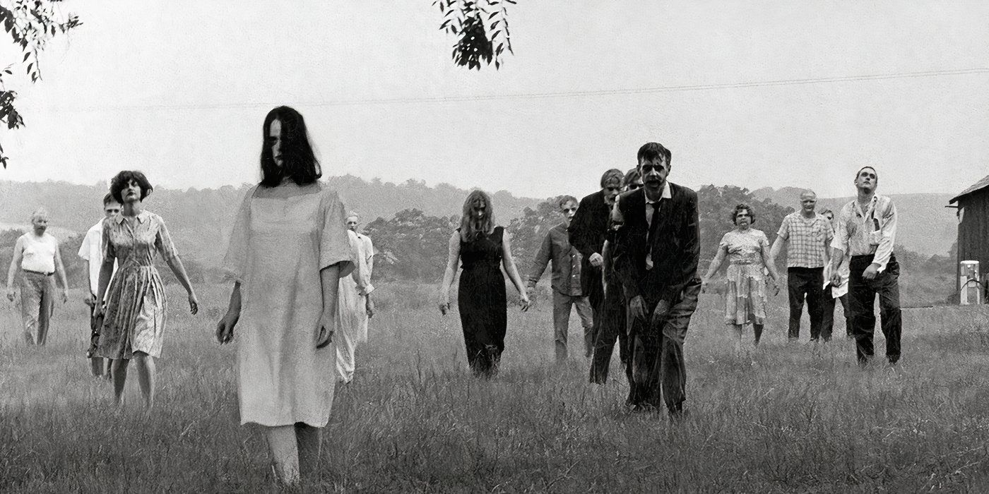 A horde of zombies walks towards the camera in 'Night of the Living Dead' (1968)