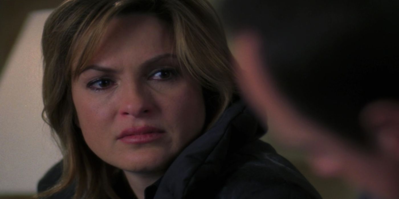 Olivia Benson tearfully looking at Elliot Stabler in SVU. 