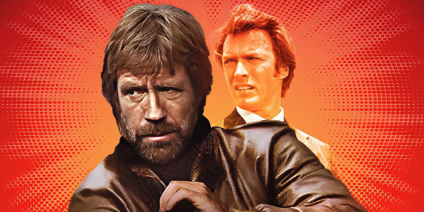 Chuck Norris as Eddie Cusack against a red background with Clint Eastwood as Harry Callahan