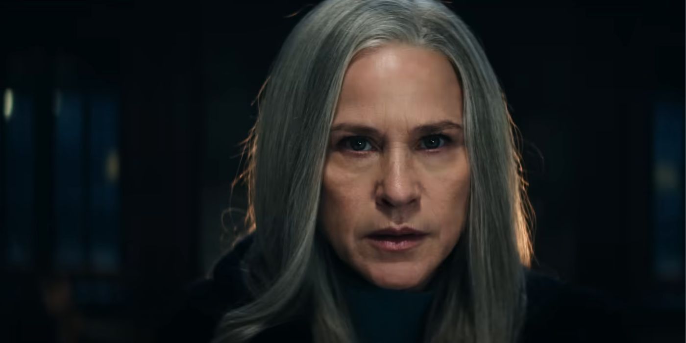 A closeup shot of Patricia Arquette&rsquo;s face as Harmoney Cobel in Severance Season 2.
