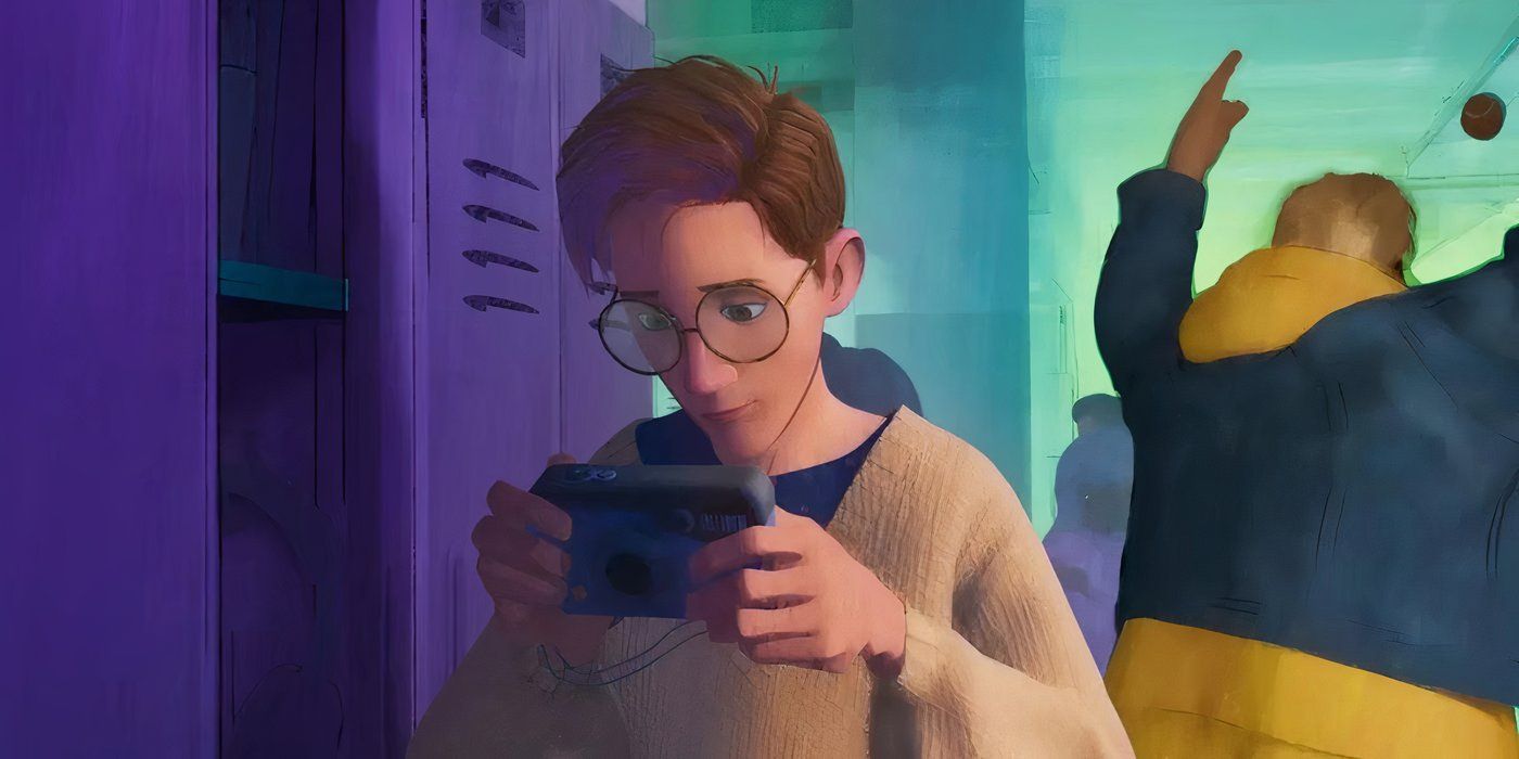 Earth-65 Peter Parker looking at his phone in Spider-Man: Across the Spider-Verse