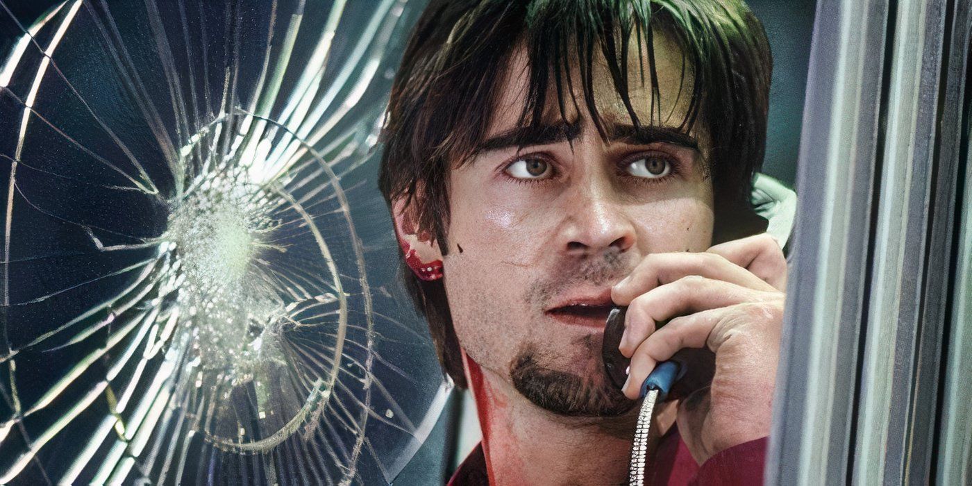 Stu, played by Colin Farrell, uses the phone in a phone booth with a bullet hole in the glass in Phone Booth