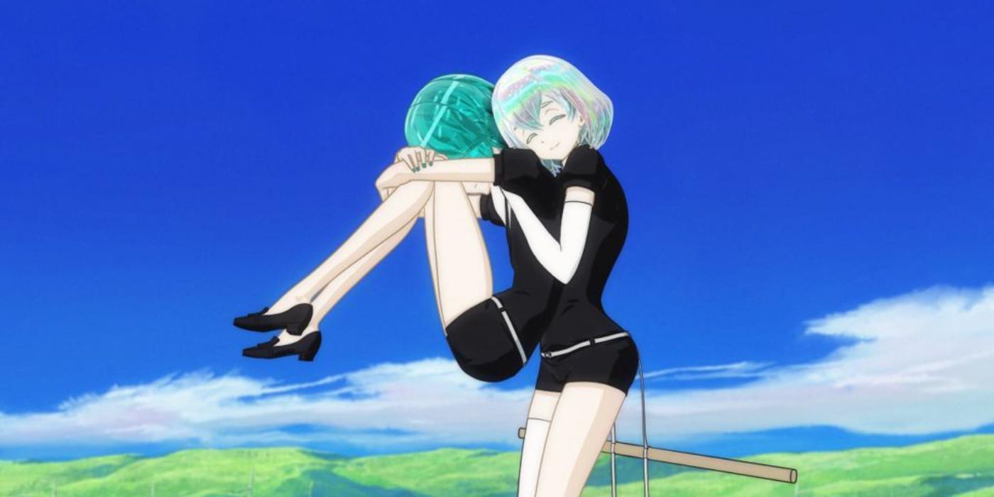 Phosphophyllite being held by another diamond, blue sky and green fields backdrop, Land of the Lustrous.