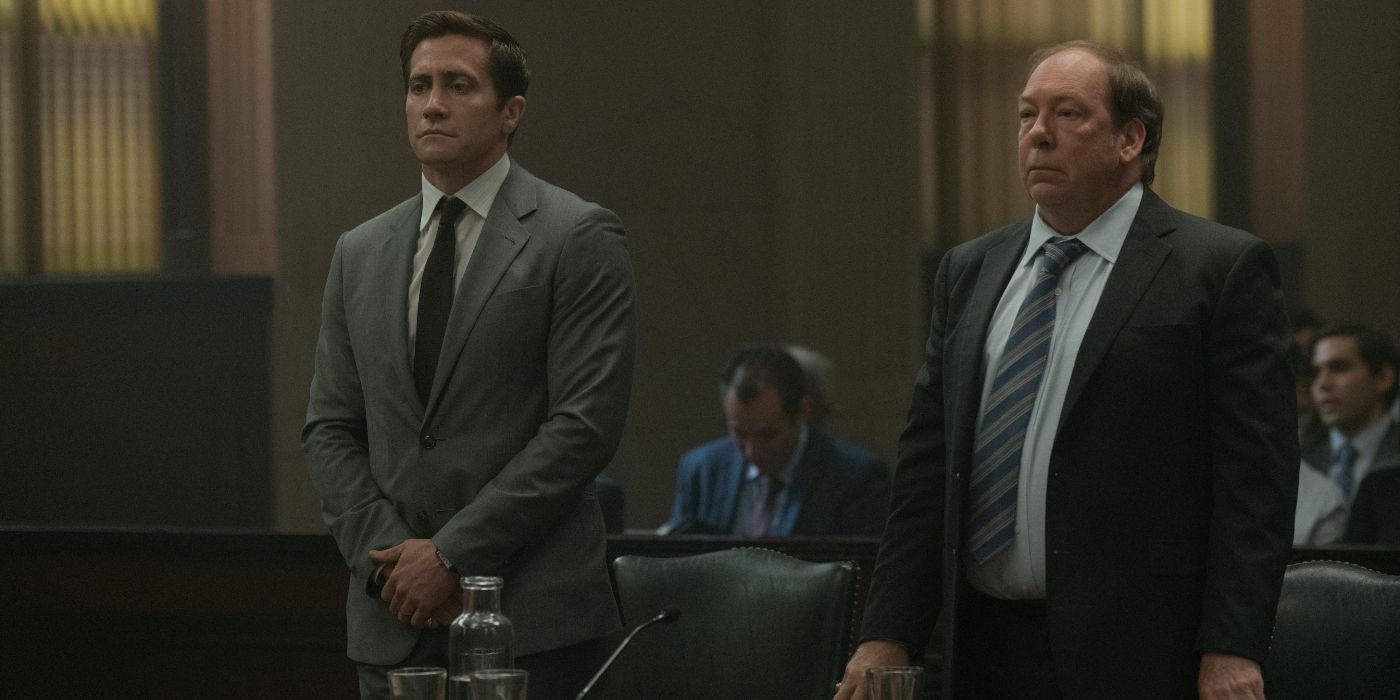 Jake Gyllenhaal and Bill Camp standing in a courtroom in Presumed Innocent's finale.