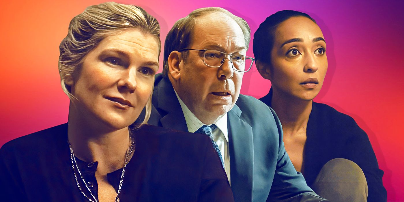 Ruth Negga, Lily Rabe, and Bill Camp from Presumed Innocent with an orange/purple background