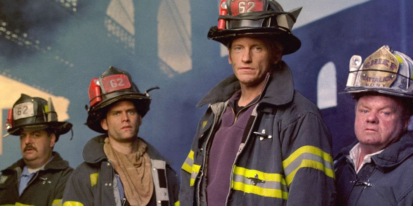 Lou, Garrity, Tommy, and Jerry stand in their firefighting gear in a scene from &lsquo;Rescue Me.'
