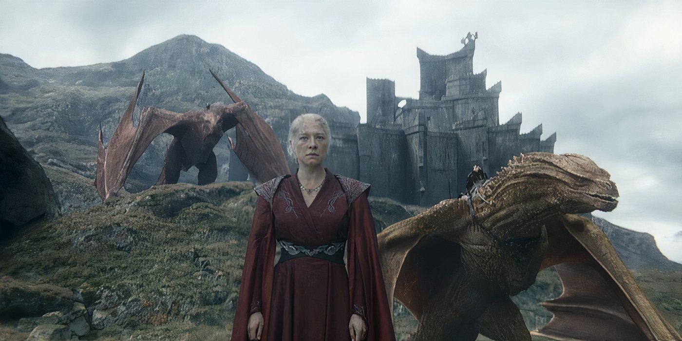 Rhaenyra Targaryen with Syrax and Vermithor behind her on Dragonstone, ready for battle, in House of the Dragon season 2.