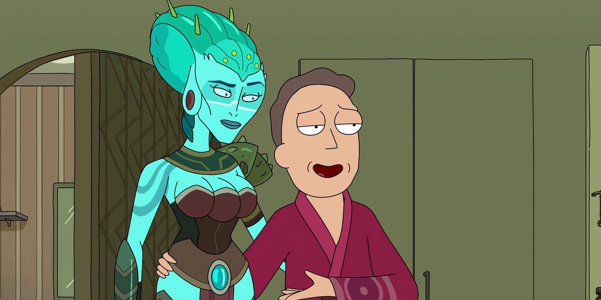 Jerry Smith wearing a crimson bath robe with his arm around an Avatar-inspired alien with three boobs in the Rick & Morty episode "The ABC's of Beth"