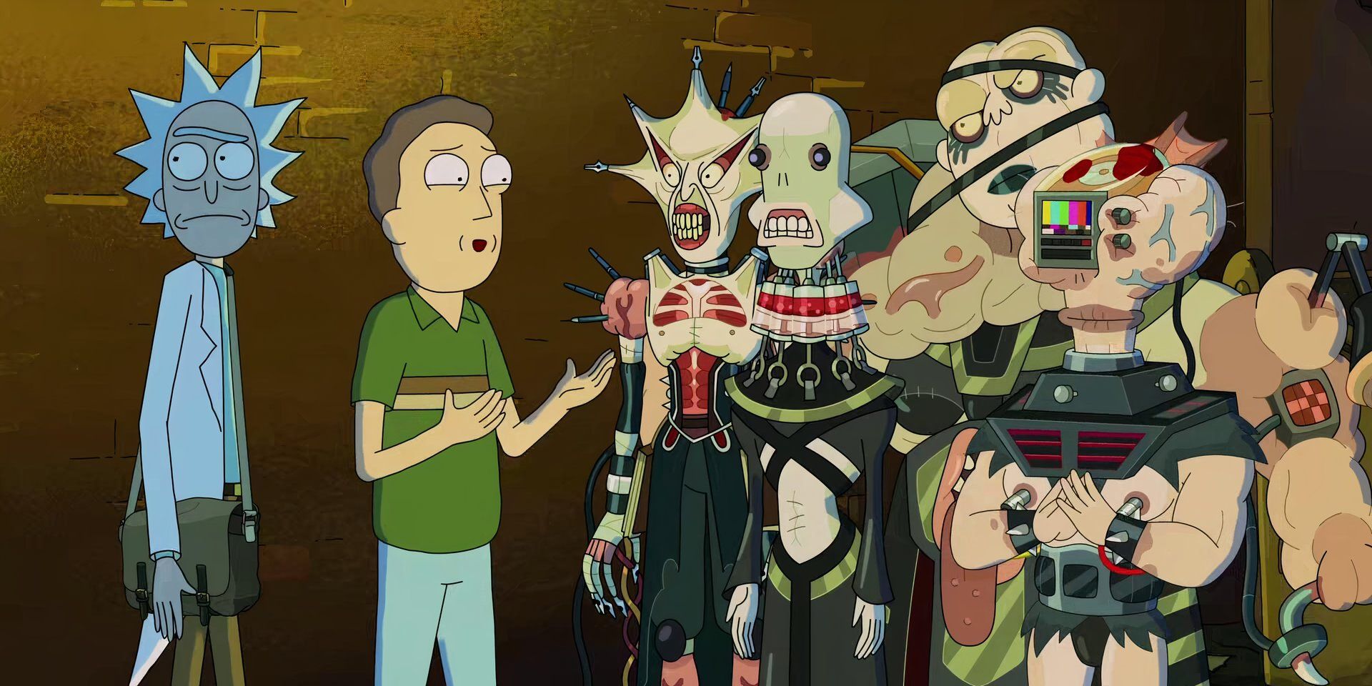 Rick and Jerry talking to a group of Hellraiser-esque demons in the Rick & Morty episode "Amortycan Grickfitti"