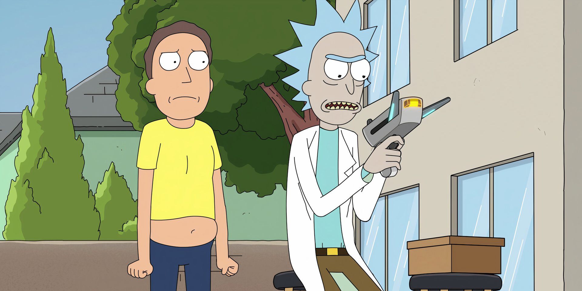 Jerry dressed up as Morty while Rick tampers with a gadget that calculates probability in the Rick & Morty episode "Final DeSmithation"