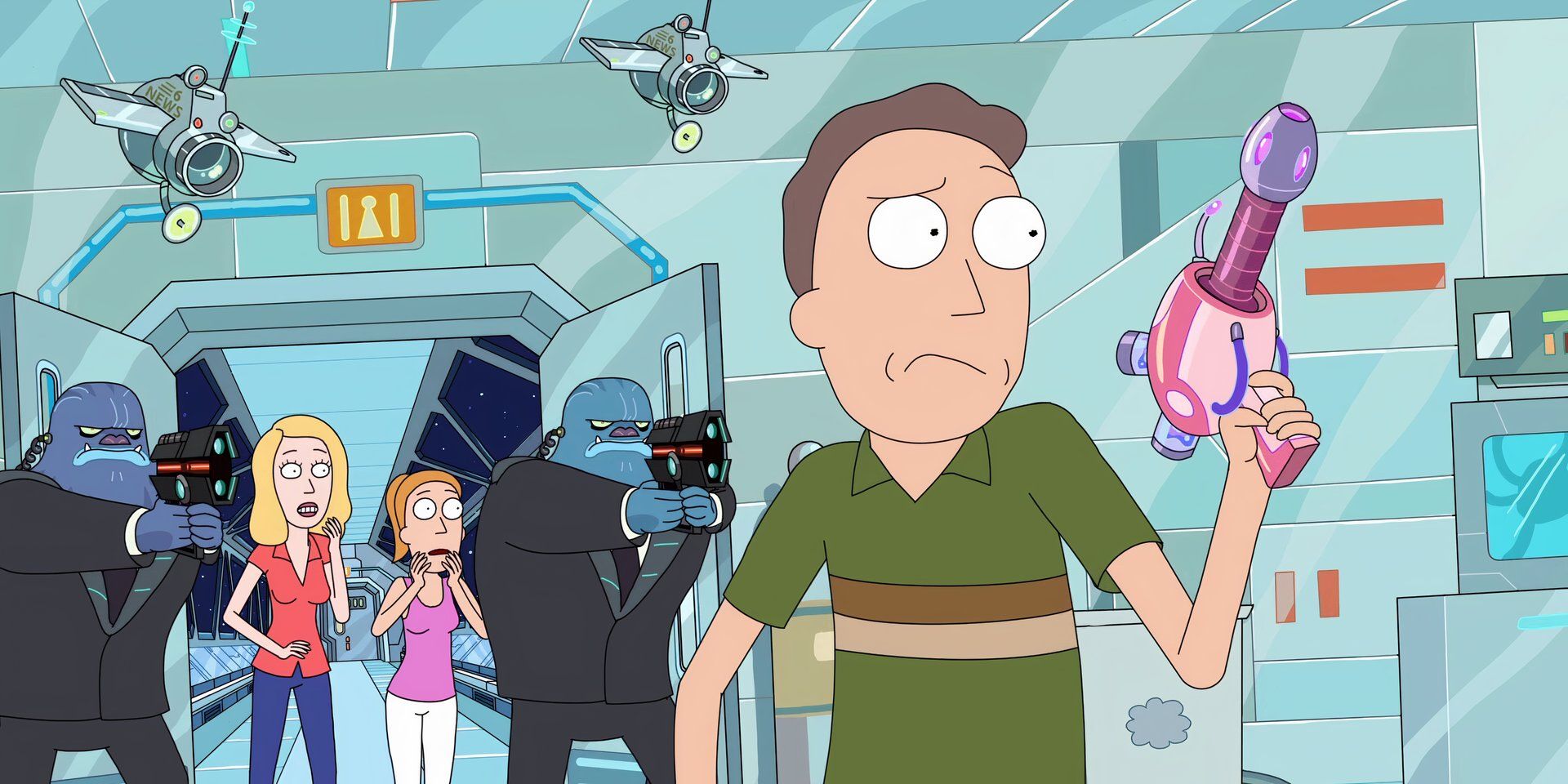 Jerry Smith holding up an alien sex toy that he thought was a gun while alien secret agents have their sights aimed on him in the Rick & Morty episode "Interdimensional Cable 2: Tempting Fate"