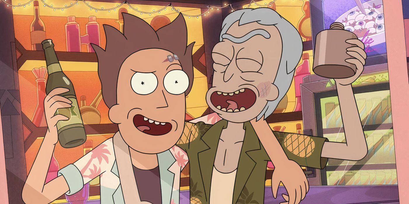 Fused versions of Jerry and Rick hanging out together and drinking at a bar in the Rick & Morty episode 