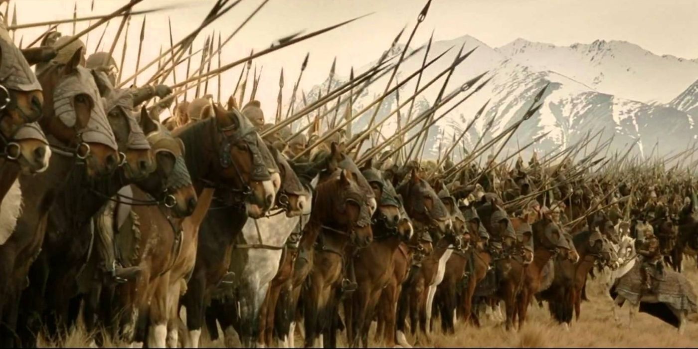 An army in line raising their spears in The Lord of the Rings: The Return of the King