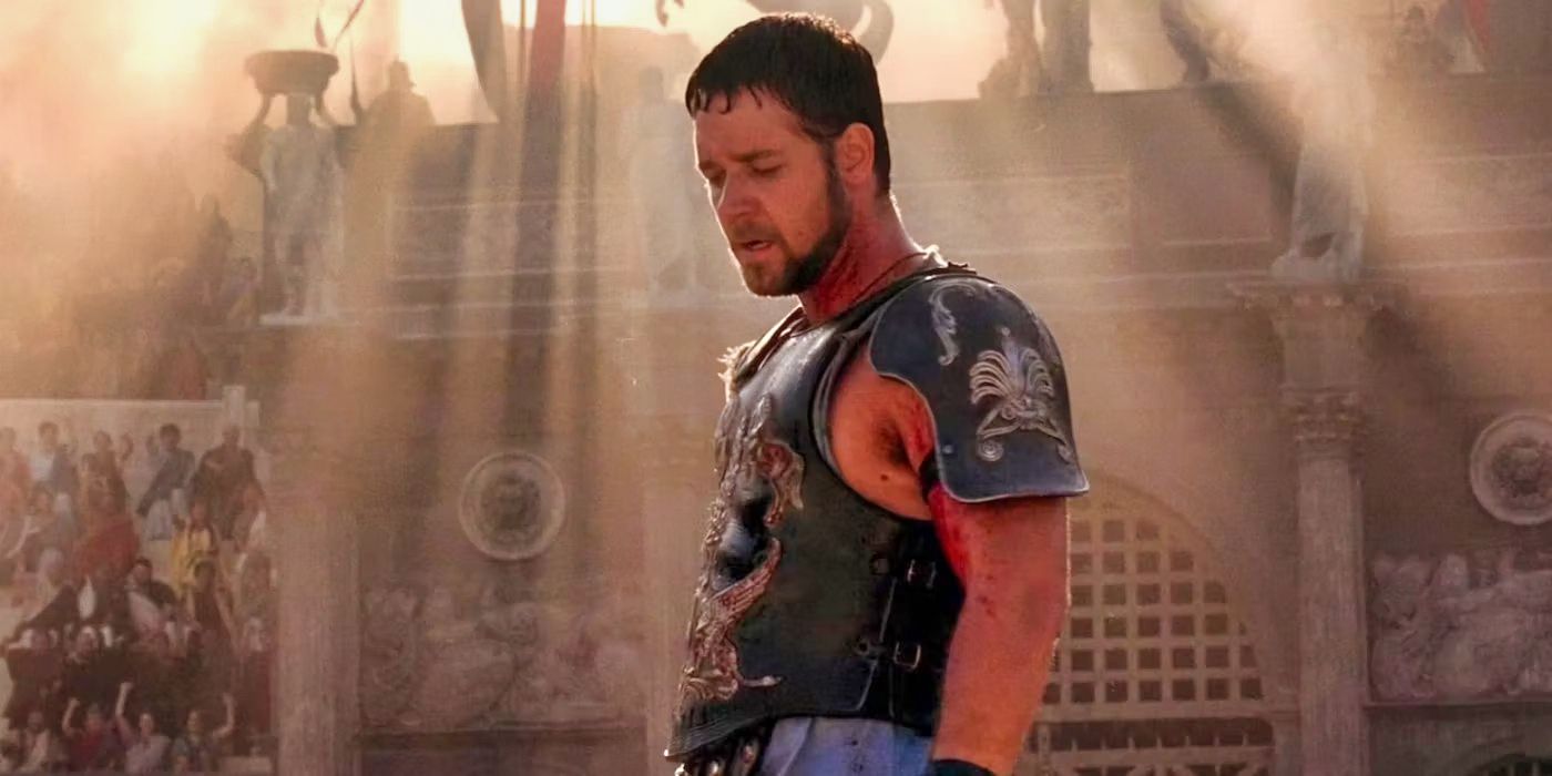 Maximus standing in the arena with the sunlight above him in Gladiator.