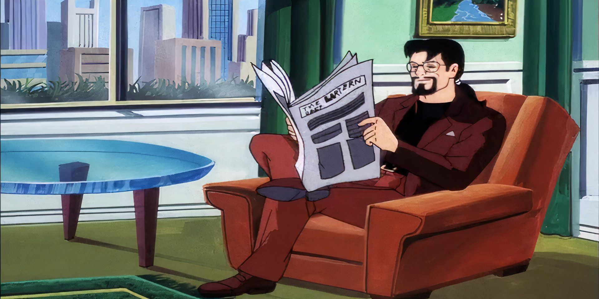 Ben Ravencroft, voiced by Tim Curry, sitting down in an orange chair while reading the newspaper in his apartment in 'Scooby-Doo! and the Witch's Ghost' (1999)