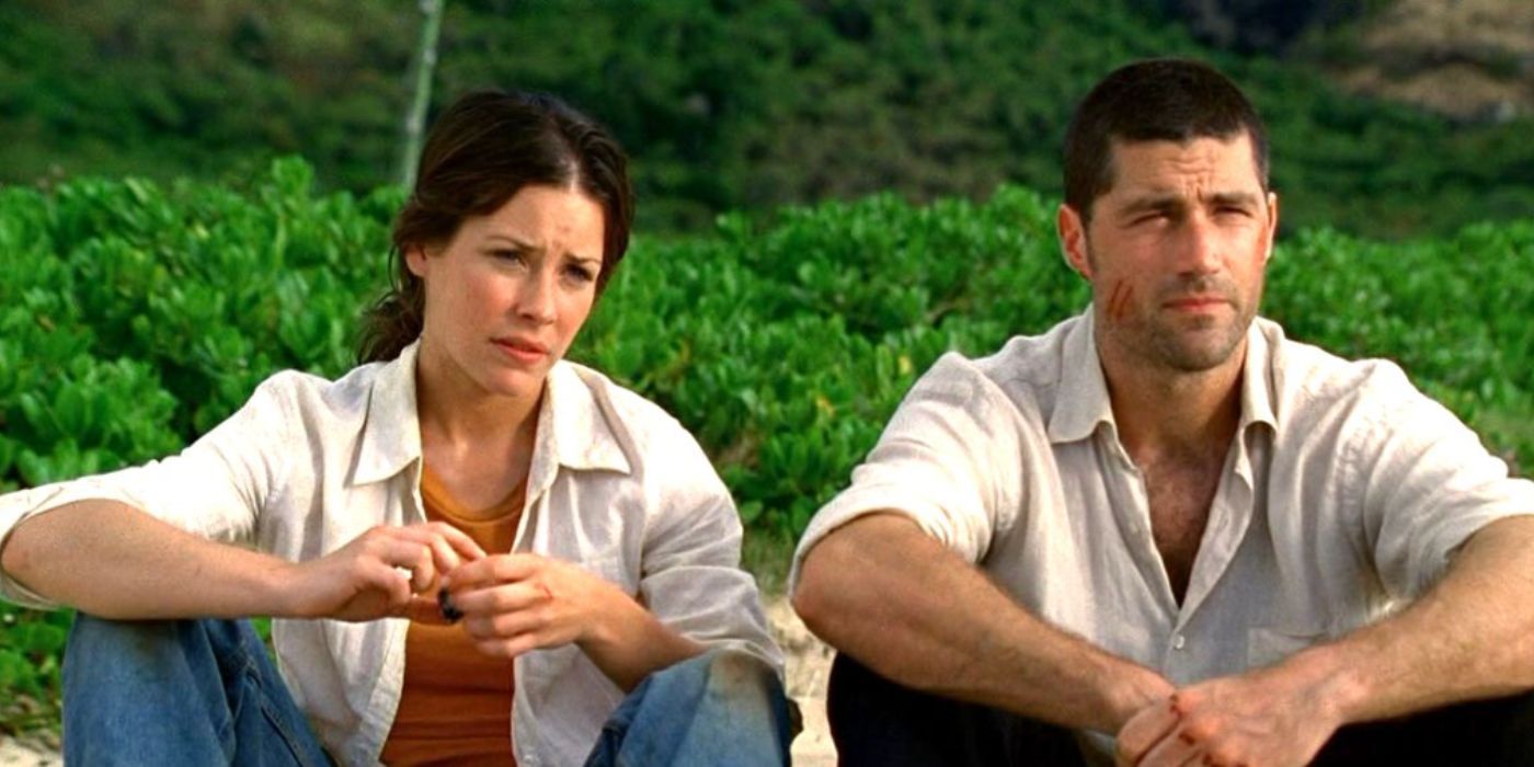 Evangeline Lilly and Matthew Fox as Kate and Jack sitting down on the sand in Lost.