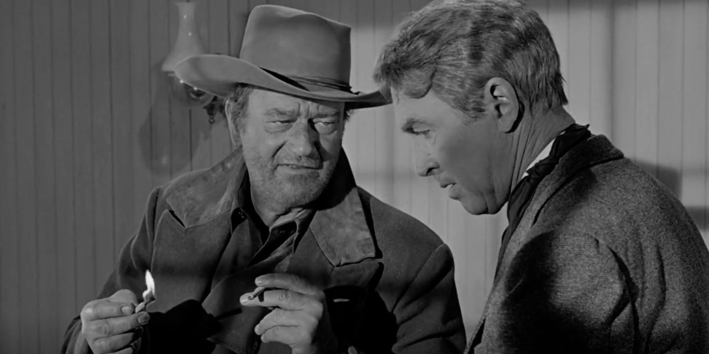 John Wayne and James Stewart have a discussion in The Man Who Shot Liberty Valance (1962)