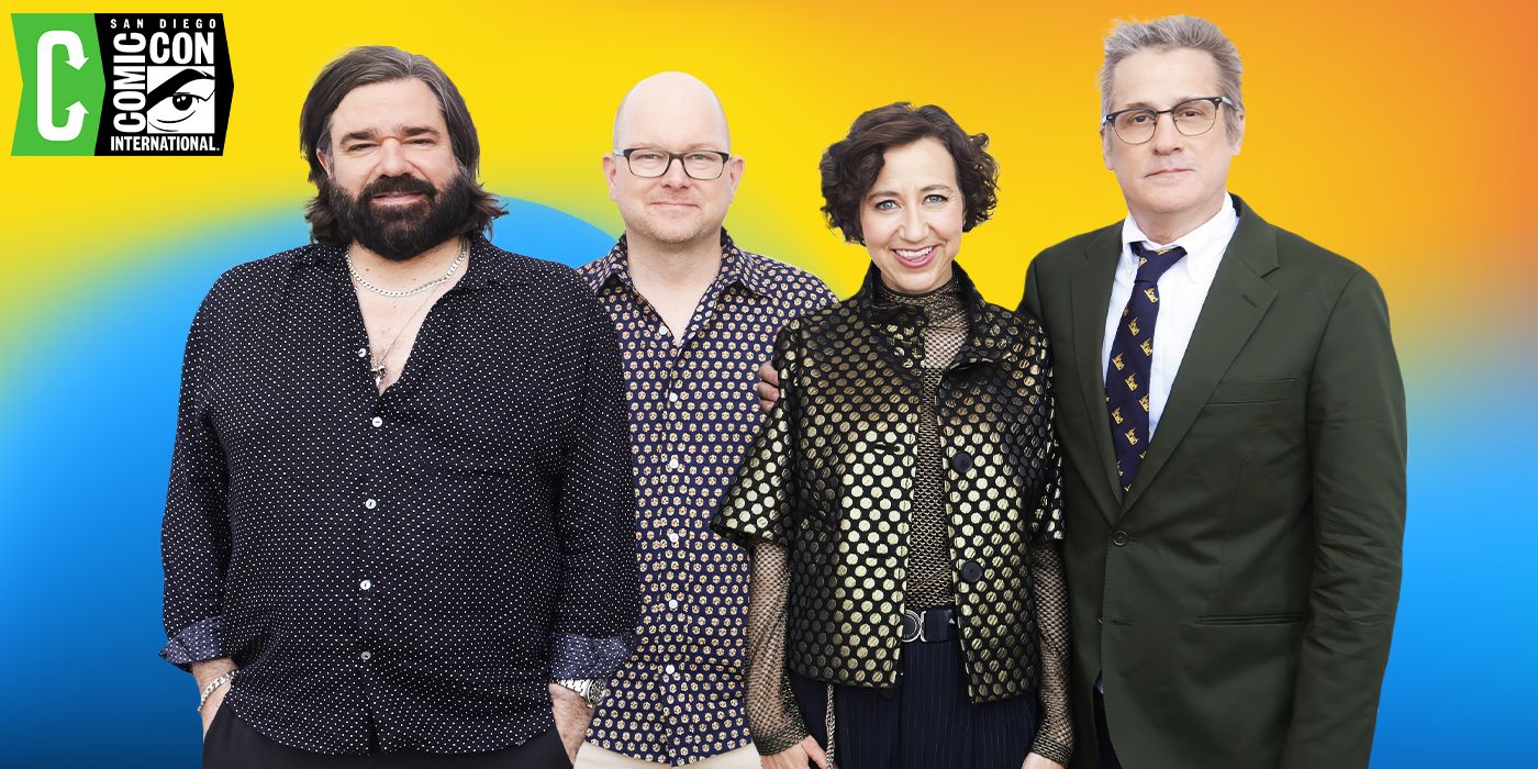 Cast and creative of What We Do in the Shadows pose for a photo at SDCC