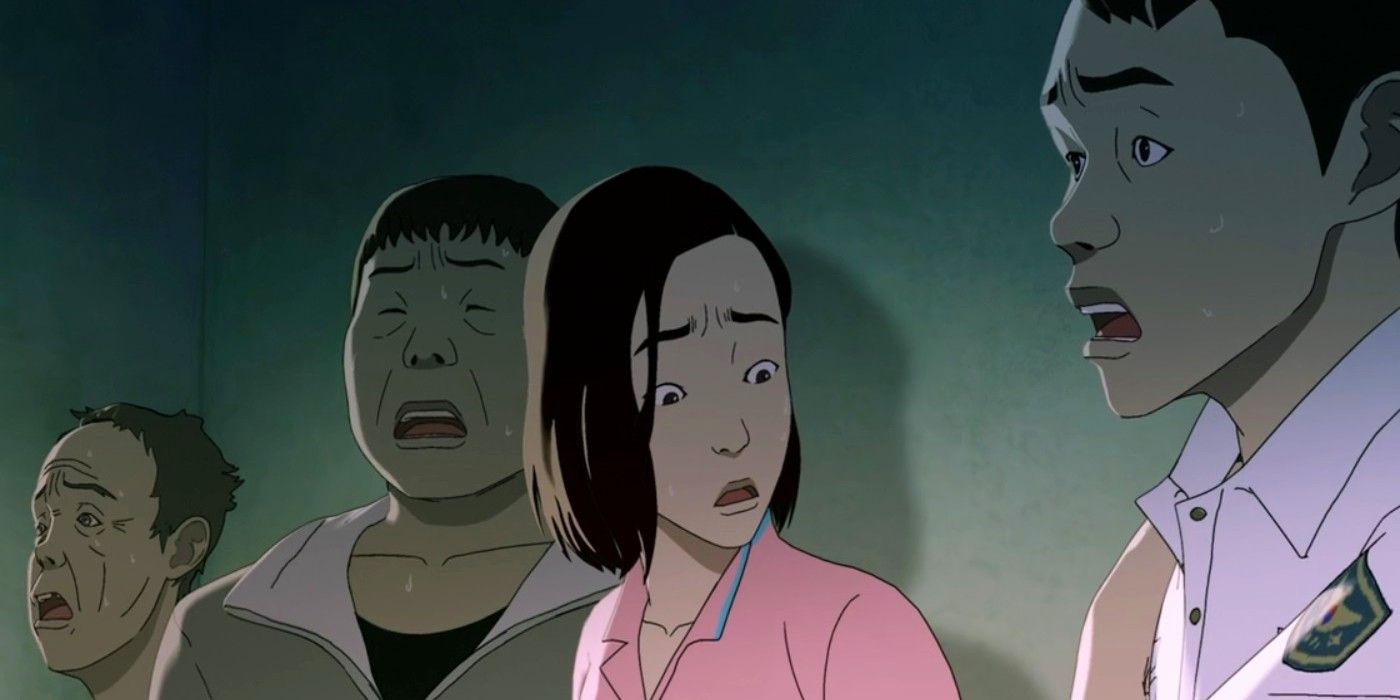 A woman in a pink dress, Hy-sun, looks at a wounded police officer in shock in 'Seoul Station'