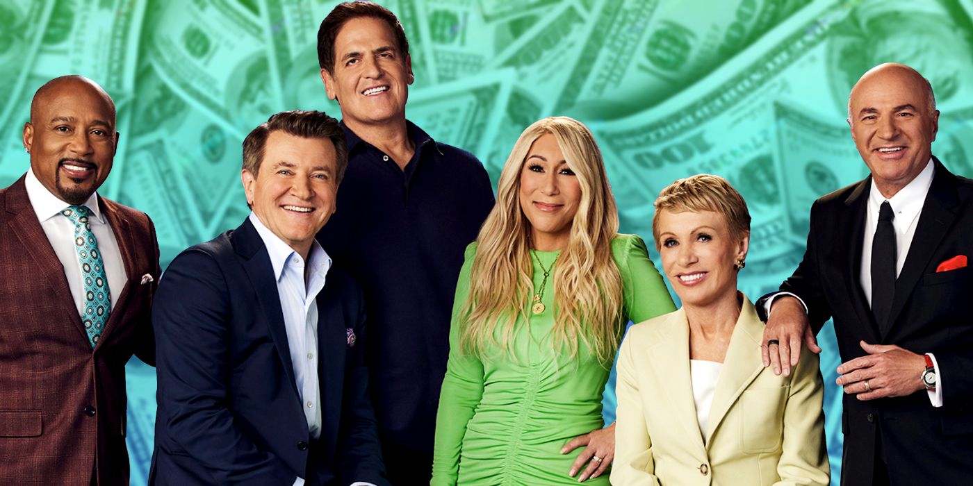 Cast of Shark Tank against a backdrop of American bills