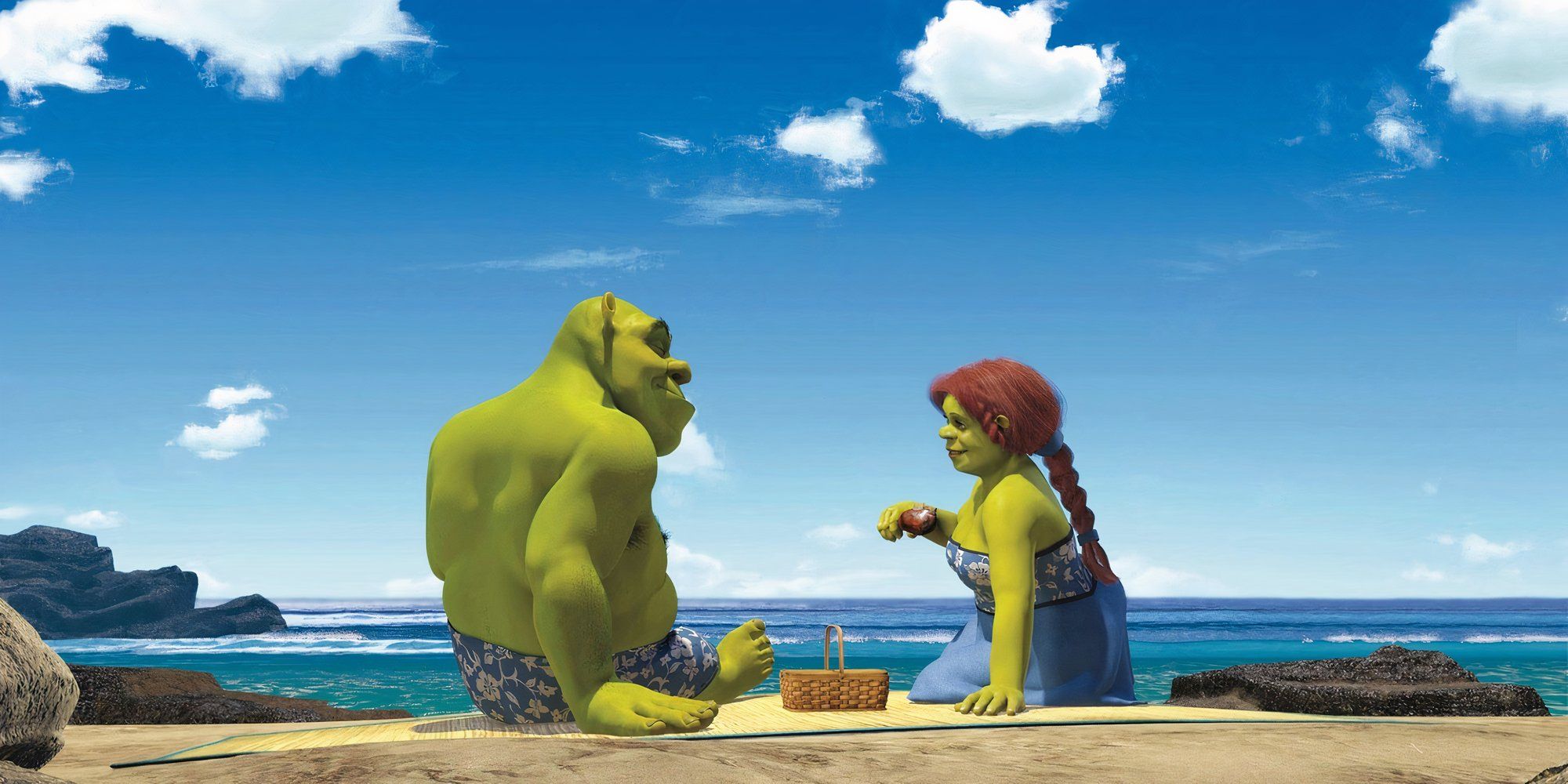 Shrek and Fiona relax on the beach in Shrek 2