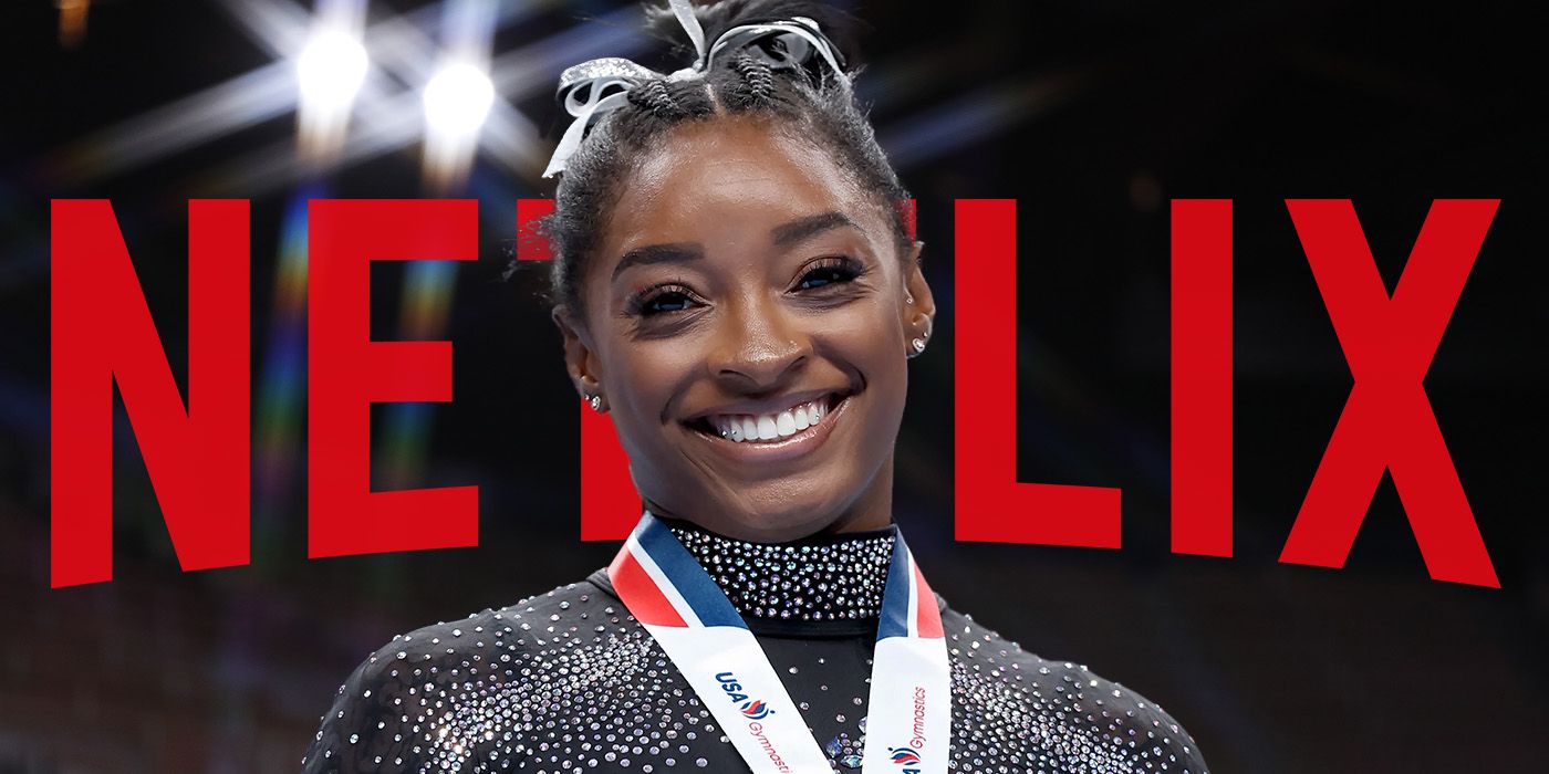 custom image of Simone Biles with a medal in front of the Netflix logo