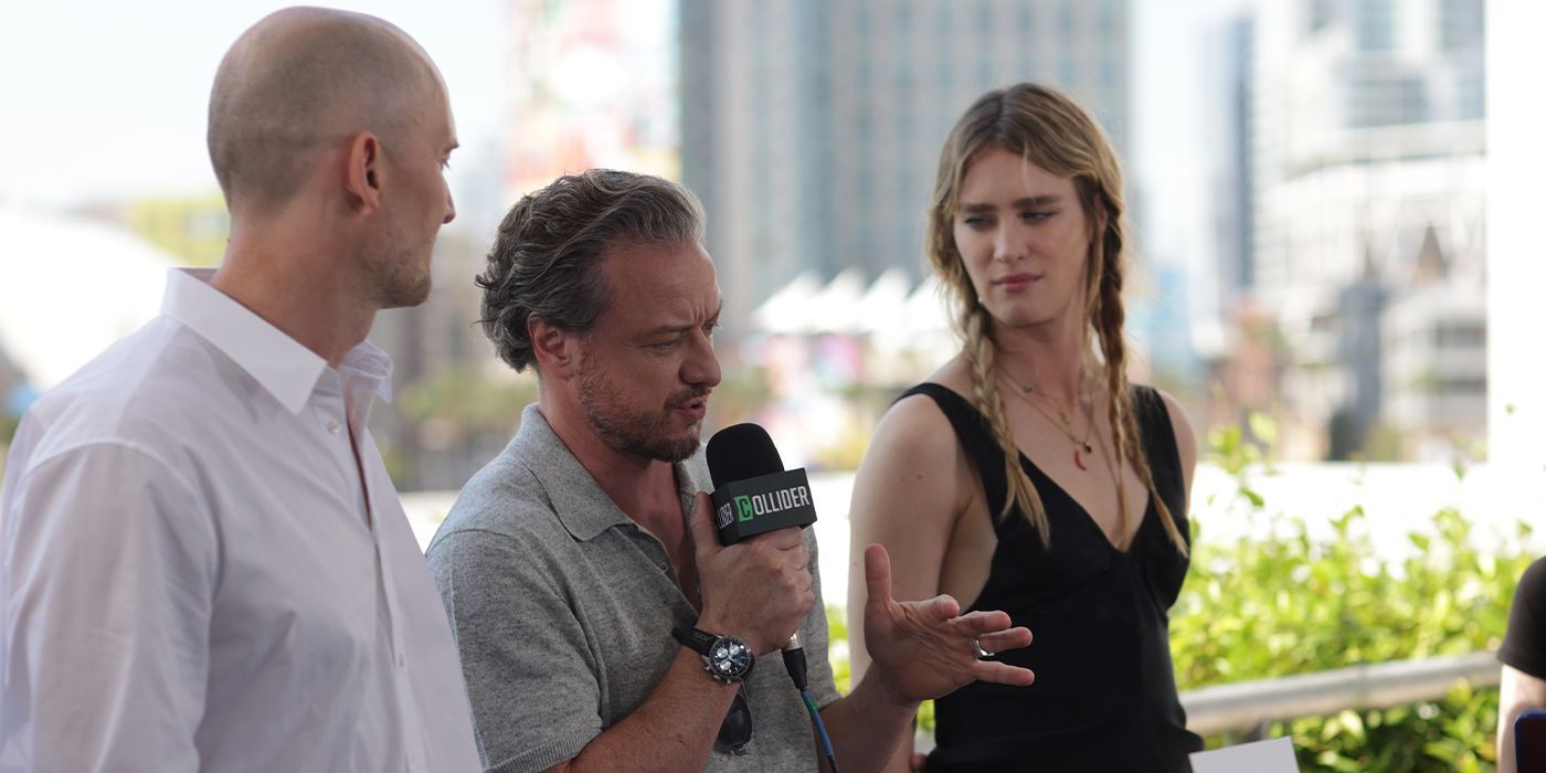 James McAvoy discussing Speak No Evil with Mackenzie Davis and James Watkins at SDCC