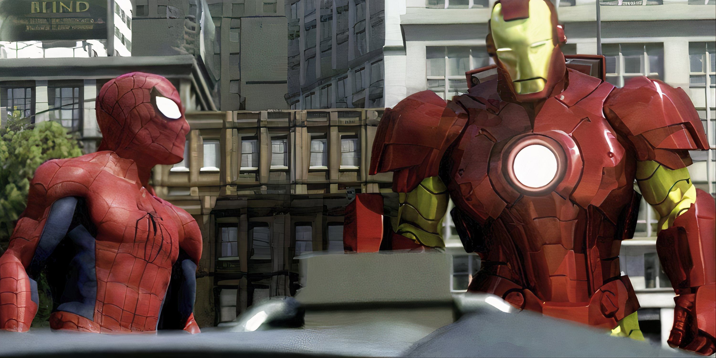 Spider-Man and Iron Man standing in front of a giant robot in Iron Man Advertorials