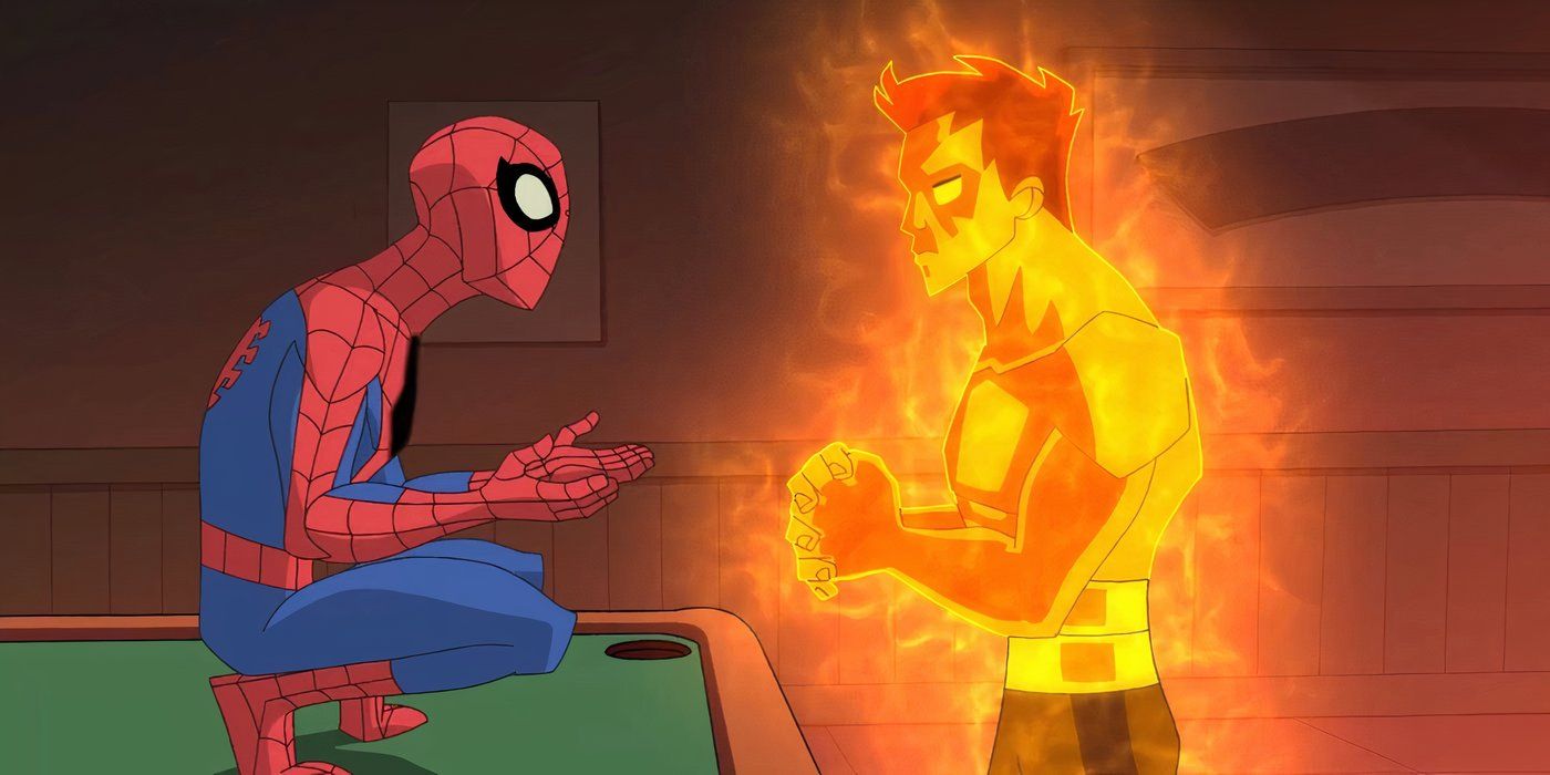 Spider-Man crouching on a pool table in front of Molten Man in The Spectacular Spider-Man