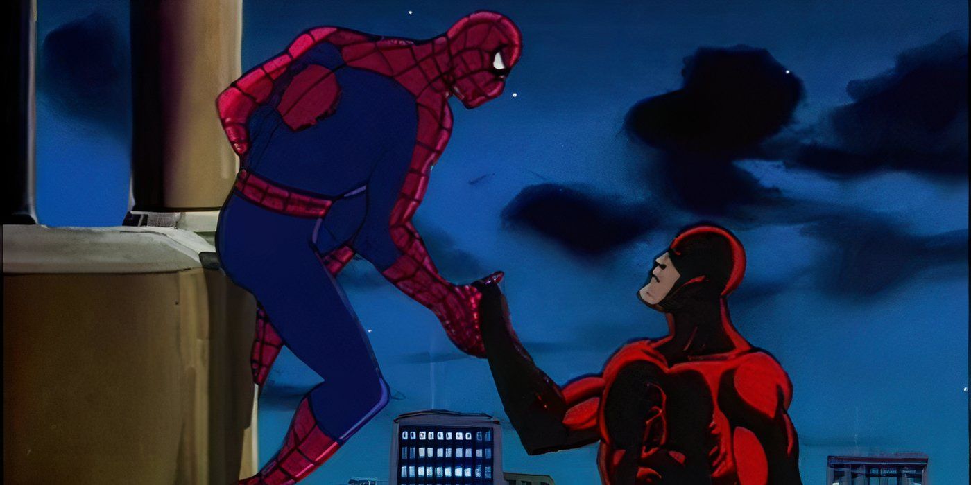 Spider-Man and Daredevil shaking hands in Spider-Man: The Animated Series