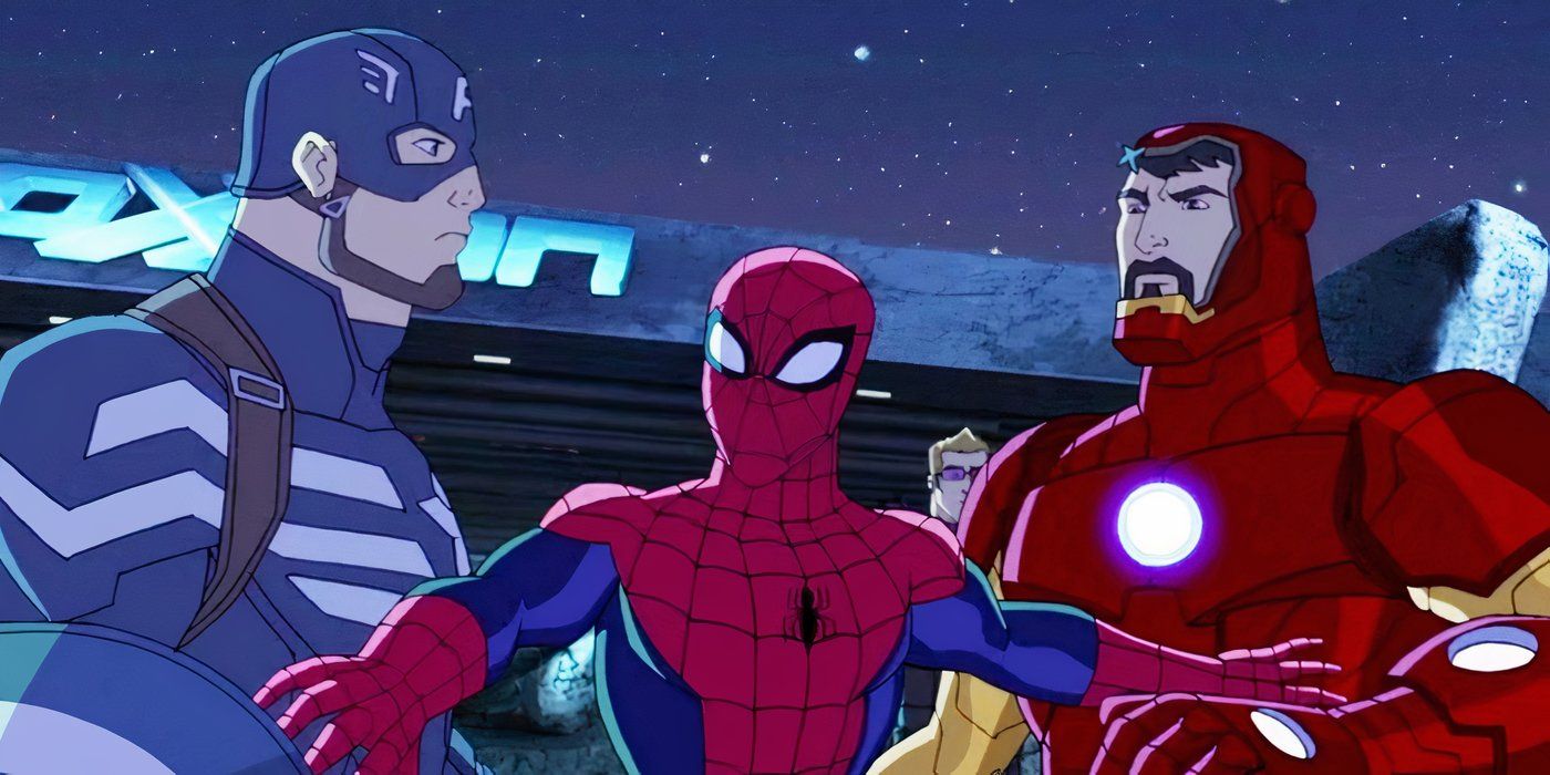 Spider-Man holding off Captain America and Iron Man in Avengers Assemble