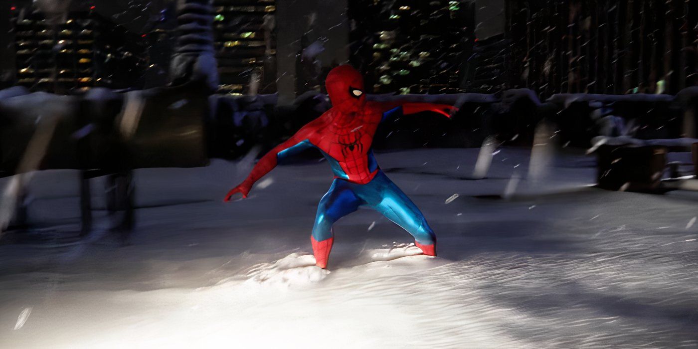 Spider-Man deslizándose por un tejado nevado en Spider-Man: No Way Home