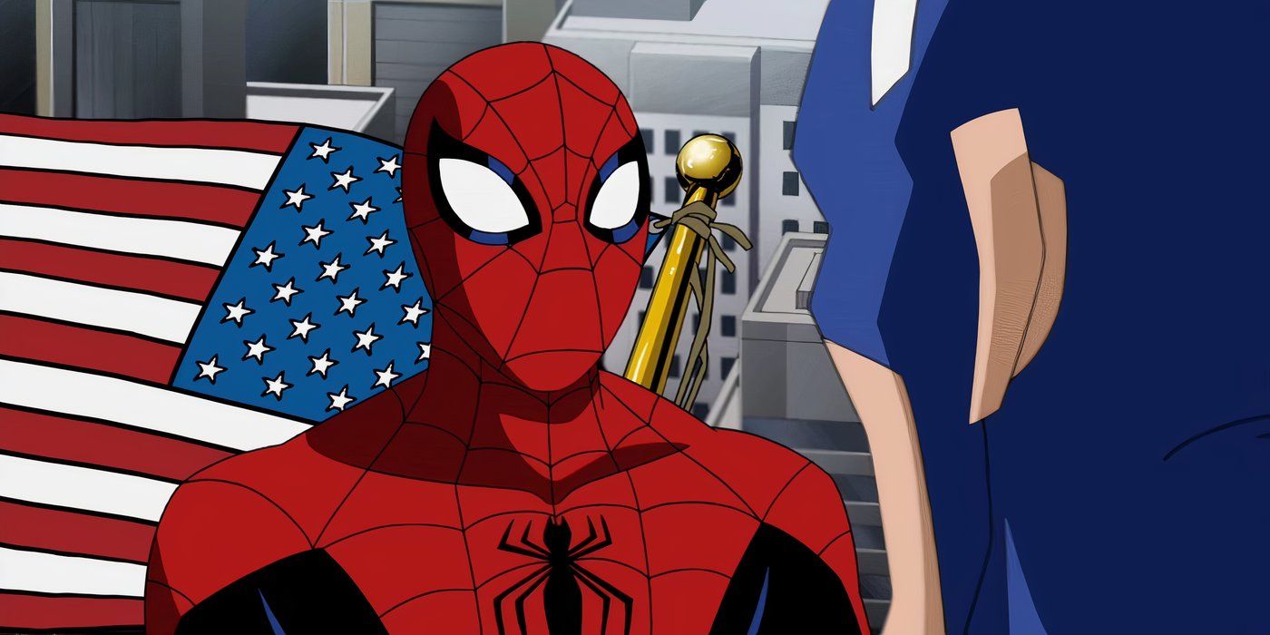 Spider-Man talking to Captain America in front of an American flag in Avengers: Earth's Mightiest Heroes