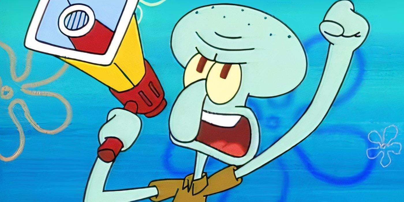 Squidward raises his arm and shouts into a megaphone