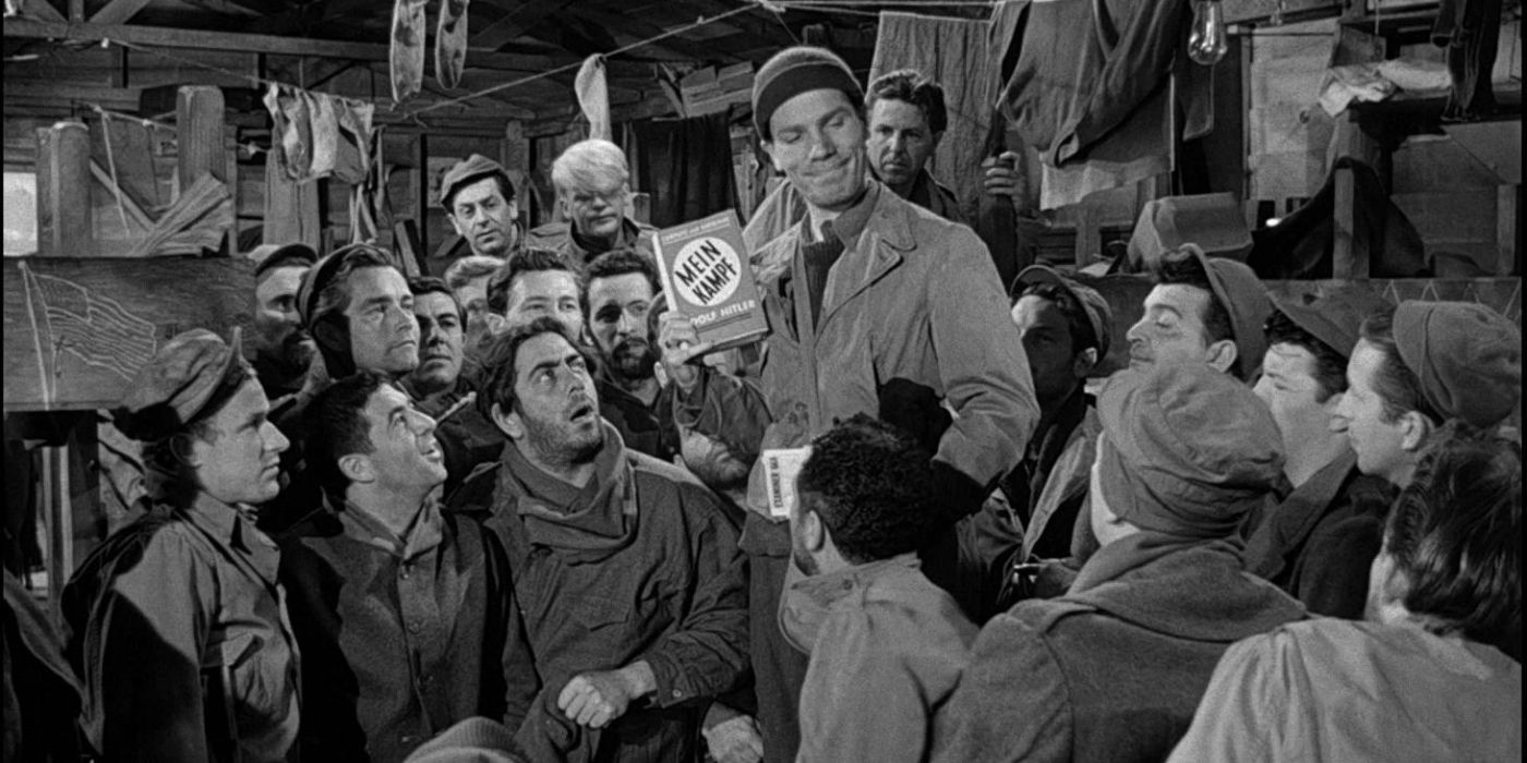 A group of men gathered in Stalag 17