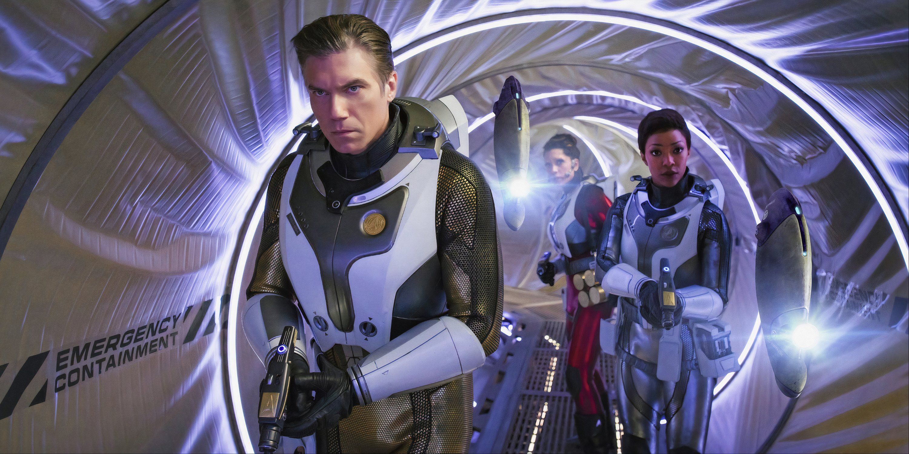 Captain Pike and his crew walking through a corridor with a ring of lights