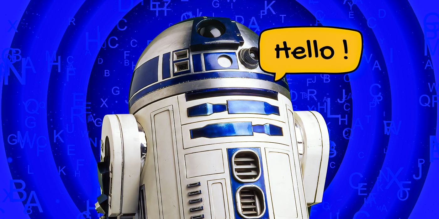 R2-D2 of the Star Wars franchise, against a blue background, with an orange speech bubble that reads 